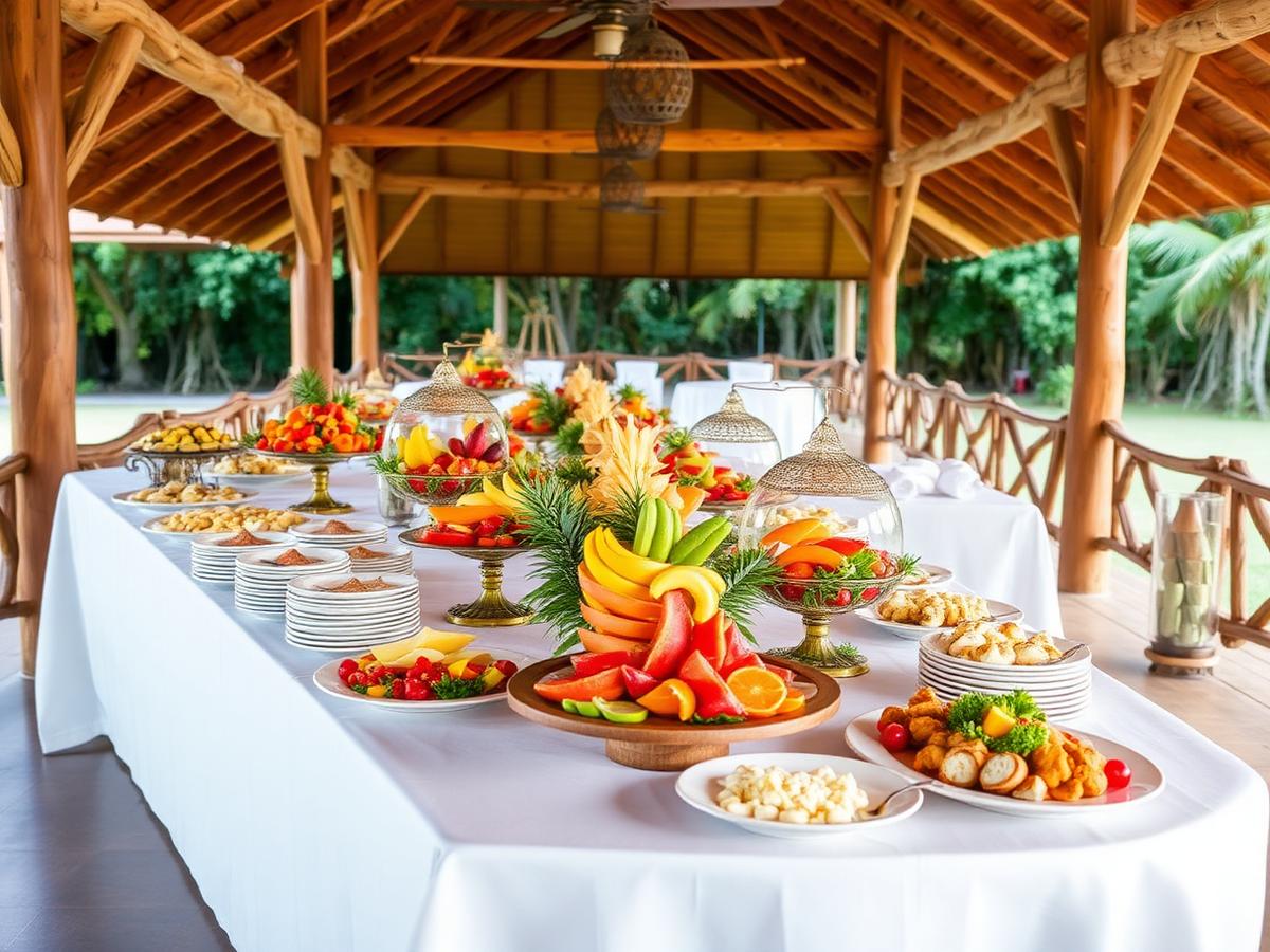 Mesa de catering con frutas tropicales y platos servidos
